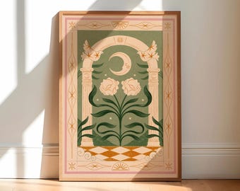 Boho Moon Art Print: Botanical Celestial Poster Flower Lunar Illustration Gallery Wall Decor Gift