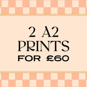 May include: A pink and white checkered background with a gold star at each corner. A white rectangle with a gold border contains the text "2 A2 PRINTS FOR &pound;60".