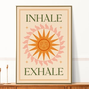 Inhale Exhale Typographic Print, Boho Sun Wall Art, Yoga Meditation Poster, Motivational Quote, Mindful Illustration Artwork Gift, A4 A3 A2