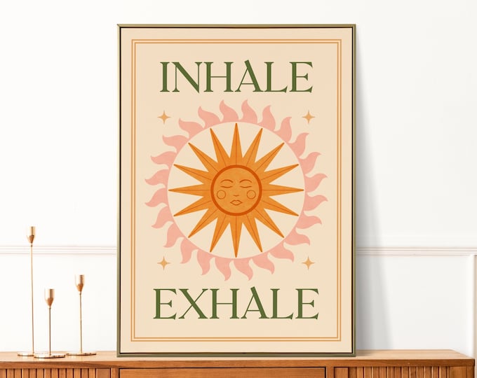 Inhale Exhale Art Print: Boho Sun Illustration, Yoga Meditation Spiritual Mindfulness Wall Poster Gift