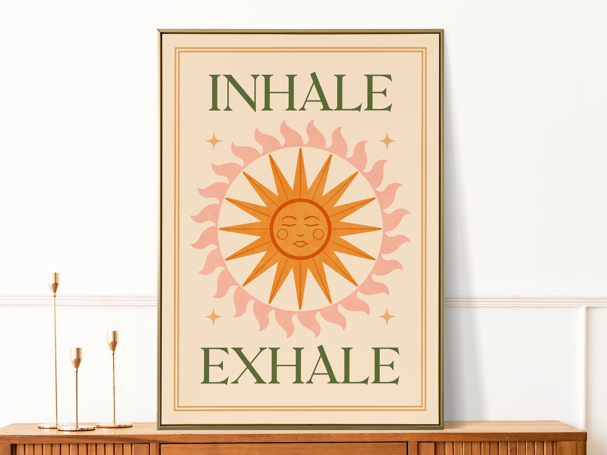Inhale Exhale Typographic Print, Boho Sun Wall Art, Yoga Meditation Poster, Motivational Quote, Mindful Illustration Artwork Gift, A4 A3 A2