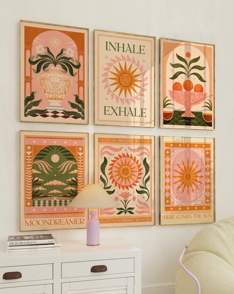 May include: Set of six colourful illustrations with a retro aesthetic. The illustrations feature a sun, flowers, and plants in a pink, orange, and green colour scheme. The text on the illustrations includes "Inhale Exhale", "Breathe Deeper", "Here Comes the Sun", and "Moondreamer".