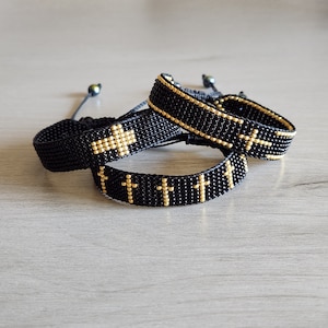 Christian Cross Bracelet Beaded Loom Cross Jewelry Handmade Faith Inspired Bracelet Black and Gold Couples Gift Friendship Bracelets
