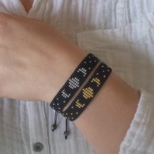 Beaded Loom Bracelet Lunar Phase Bracelet Moon Phases Jewelry Boho Adjustable Bracelet Handmade Black and Gold Bracelet Luna Bracelet