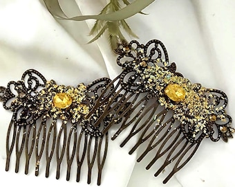 Set of 2 Victorian style bronze hair comb with yellow gemstone, filigree, crystal, bronze rhinestones, handmade, wedding, bridesmaid,sparkly