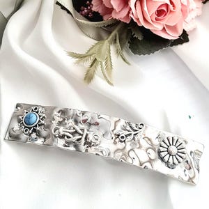 Large silver minimalist barrette with blue natural stone,Celtic Viking, glossy, handmade, Nordic, high quality, wrinkle barrette,thick hair