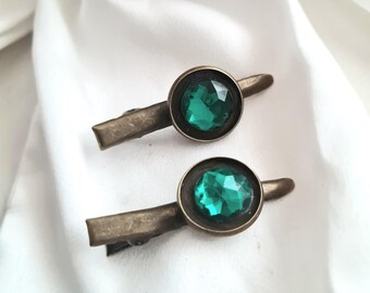 Pack of 2 Antique bronze emerald green Victorian style hair clips,sparkle, wedding, prom,alligator clip,small hair clips,ancient bronze clip