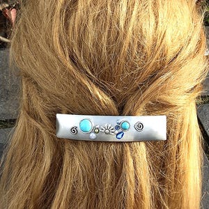 Large silver barrette with blue stones,minimalist, Celtic swirl,lrish flowers, handmade, thick hair, strong barrette, Christmas gift ideas