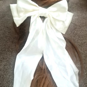 Oversize white bow,satin, bridal bow,high quality, long tail, silky satin ,Christmas hair bow, women&#39;s bow barrette clip, gift for her