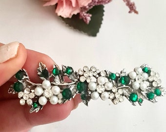 Pearl and rhinestone wedding, bride,white and emerald, high quality, prom,wedding,mother of pearl, floral,bride,bridesmaid barrette clip