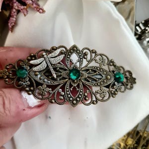 Antique bronze filigree hair barrette with emerald green crystal and rhinestones, wedding, vintage inspired, handmade, sparkle, retro style