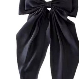 Promotion! Large black satin bow,long tail, Oversize, wedding.Black ribbon tassel barrette. Bohemian bow