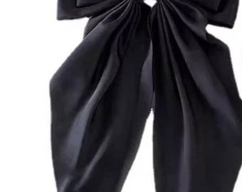 Promotion! Large black satin bow,long tail, Oversize, wedding.Black ribbon tassel barrette. Bohemian bow