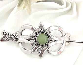 Fermaglio per capelli con nodo celtico in argento, pietra naturale verde chiaro, antico, fatto a mano, taglia PICCOLA-media, bastoncino per capelli, sole, matrimonio, ballo di fine anno