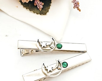 Moon and Star Hair Clips, Silver Alligator Clips with Green Rhinestones, Set of 2