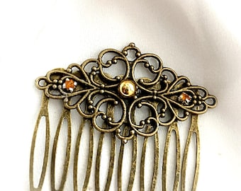 Vintage inspired Victorian style bronze hair comb,amber coloured gemstones, filigree hair comb,sparkle,retro, handmade, wedding, antique