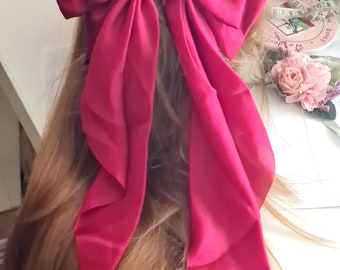 Promotion !High quality oversize bow, fushia pink, satin, large, long tail, silky satin, wedding, gift for her, giant bow barrette, pink bow