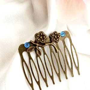 Antique bronze vintage inspired bronze hair comb with blue gemstones, Victorian style, floral,leaves, handmade,small to medium size, wedding