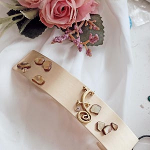 Large gold barrette, abalone shell, handmade, thick hair, Celtic style barrette clip.