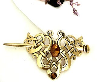 Antique gold Celtic knot hair pin with amber gemstones, wedding, bridal, bridesmaid, sparkling,vintage inspired, bun holder,Celtic hair fork