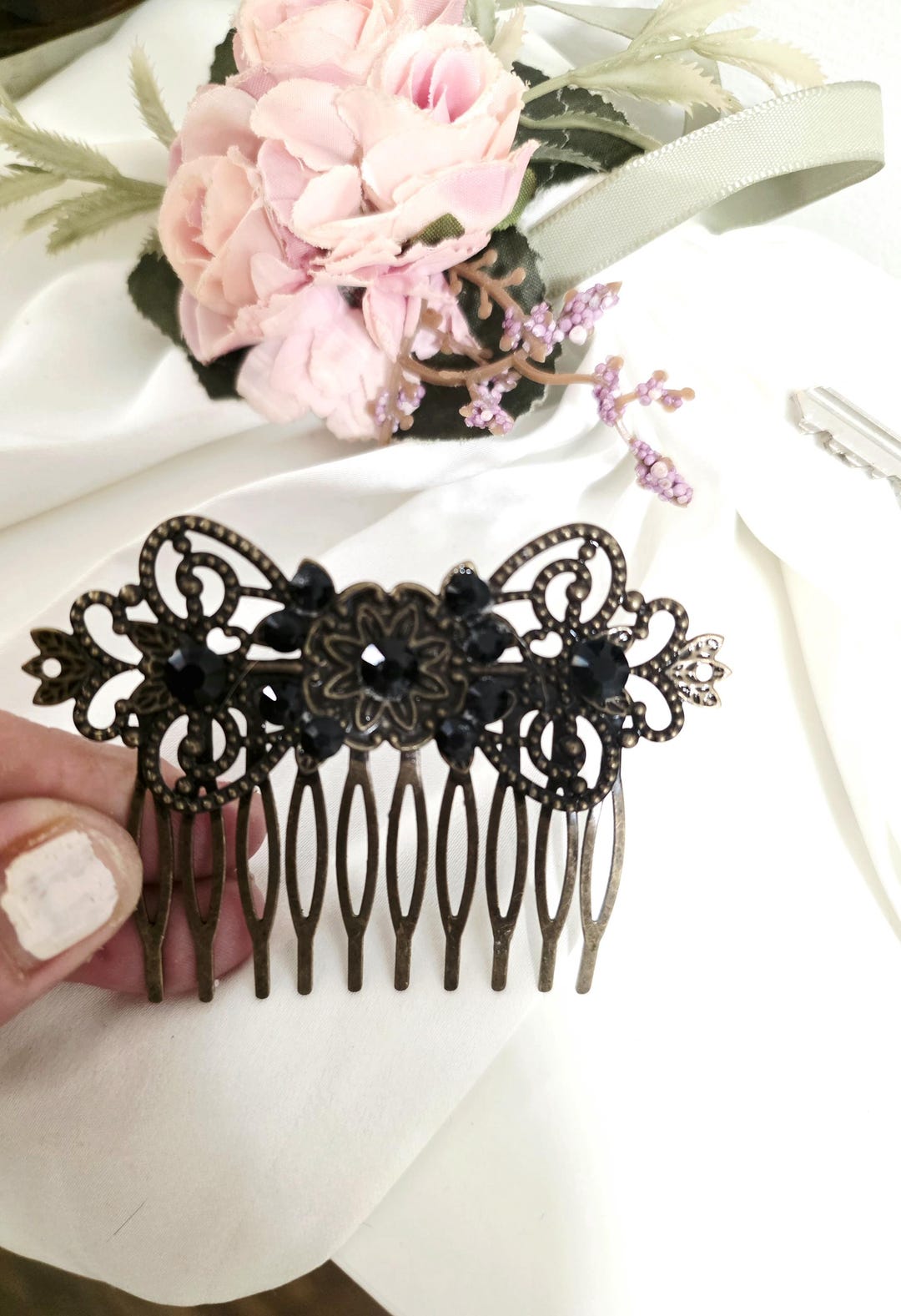 Dark Brown Filigree Hair Comb With Blue Gemstones, Victorian, Floral ...