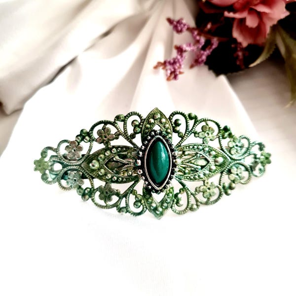 Green Gemstone Filigree Barrette, Vintage Style Floral Hair Clip