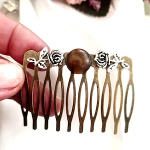 Vintage inspired antique bronze natural stone hair comb,brown natural stone, Celtic, Viking, handmade, retro, medium size bronze hair comb