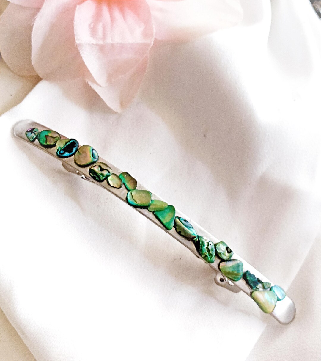Shell Barrettes Slim Silver Barrette With Green Seashells, Handmade,long,sleek Barrette ...