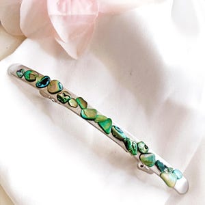 Slim silver barrette with green seashells, handmade,long,sleek barrette clip,non slip Barrette,shell barrette