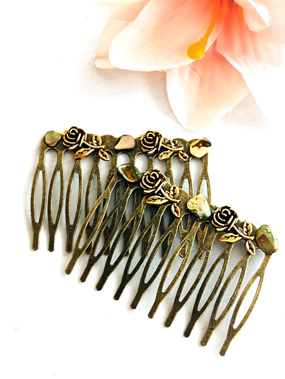 Vintage Inspired Bronze Hair Comb Set, Rose & Seashell  display picture 1