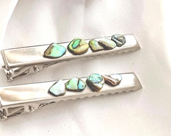 Green Abalone Shell Hair Clips, Boho Alligator Clip Set