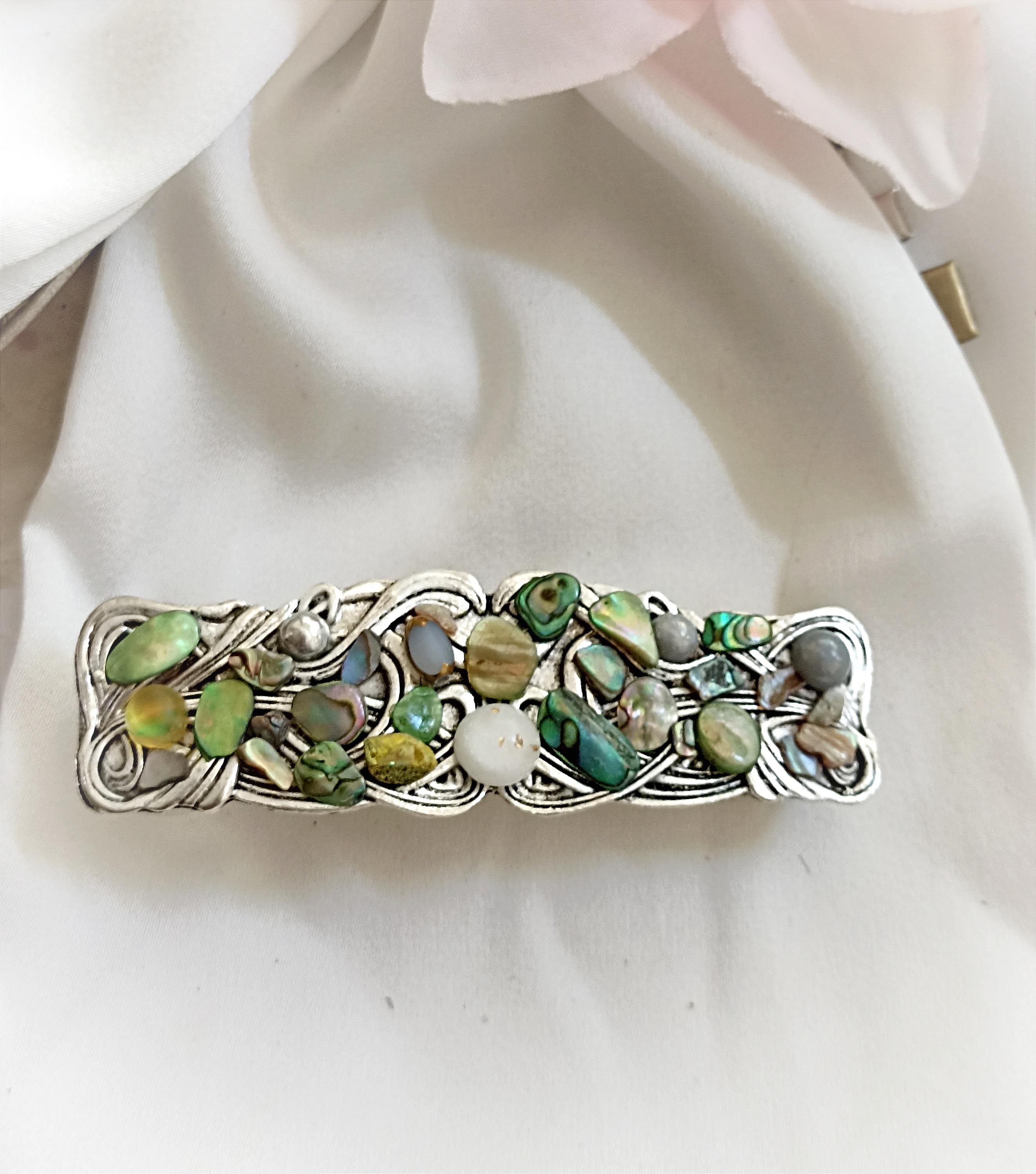Shell Barrettes Silver Celtic Barrette With Beautiful Seashells,green ,handmade, Thick ...