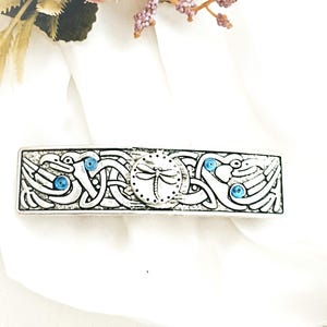 Silver Celtic barrette with blue rhinestones, dragonfly barrette, handmade, ancient inspired silver barrette, gift for daughter,non slip