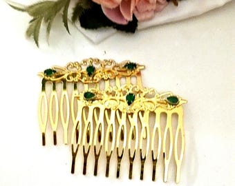 2 pcs gold plated filigree hair comb with green gemstones, crystal, handmade, wedding, bridal hair piece