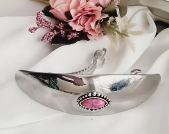 Oval minimalist barrette with pink natural stone,vintage inspired, glossy,handmade, silver barrette clip,minimal, mirror barrette clip