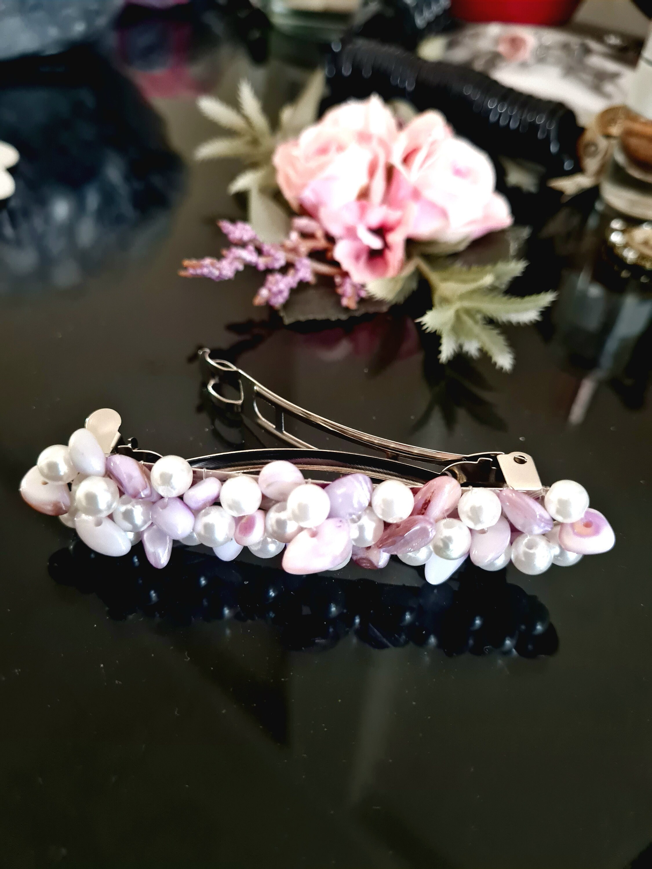 Mother of Pearl Barrette, Bridal Hair Barrette, Light Pink and
