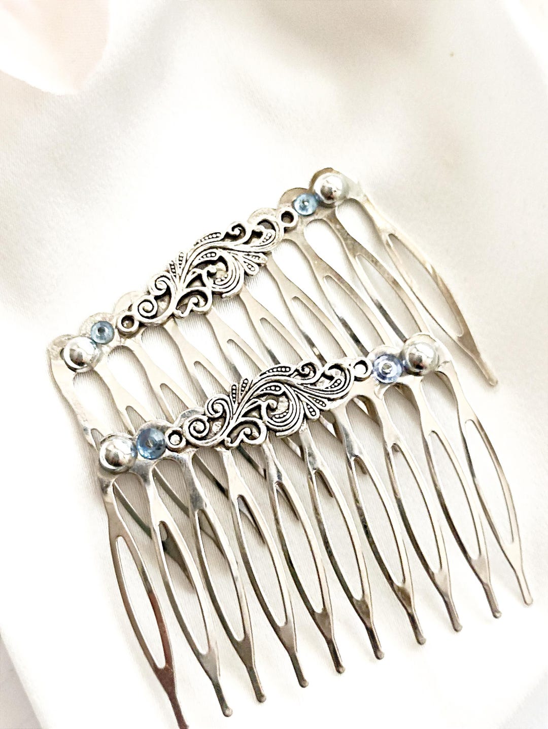Melisa Comb in old silver and stones Victorian Silver Hair Comb, Fruit Basket, Floral, Antique  main image 4