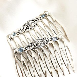Set of 2 vintage inspired silver hair comb with blue gemstones, sparkly, retro style, handmade, minimalist hair comb, medium size,prom