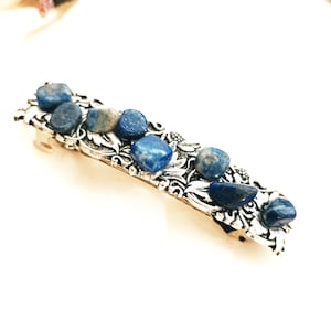 Silver barrette with lapis lazuli natural stone, handmade, thick hair,blue stone, Summer barrette clip,non slip hair barrette, gift for her