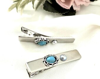 2 pcs silver alligator hair clip with blue gemstones, crocodile clip,handmade, turquoise, side clip, Boho hair slide,medium size, minimalist