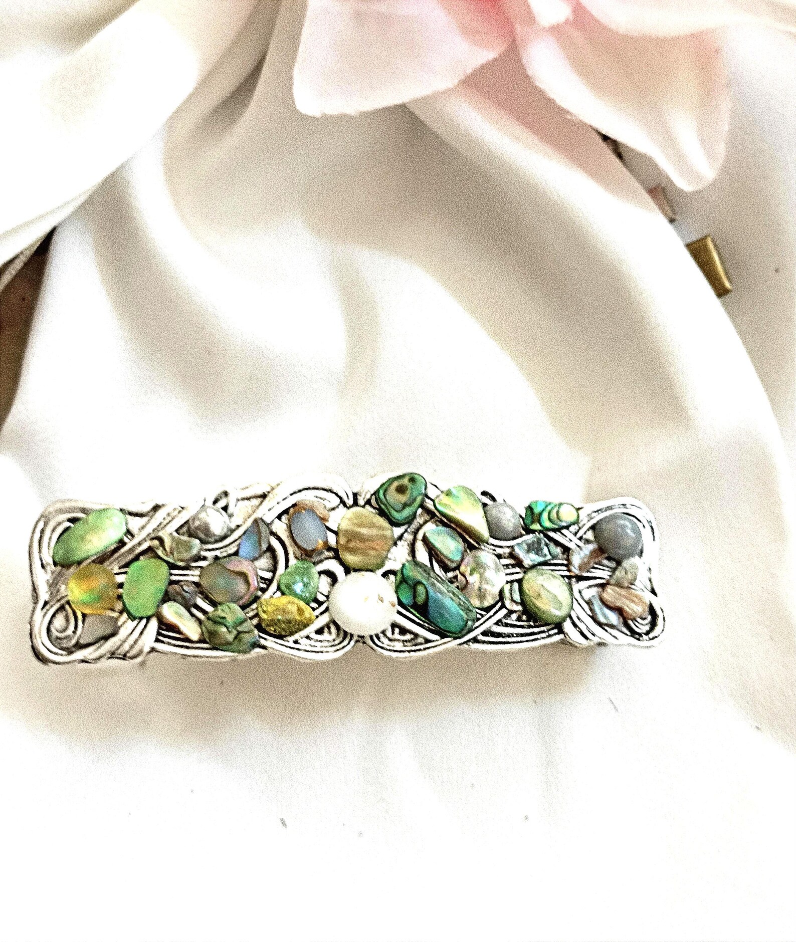 Shell Barrettes Silver Celtic Barrette With Beautiful Seashells,green ,handmade, Thick ...