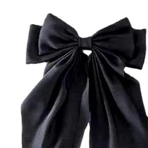 Promotion! Large black satin bow,long tail, Oversize, wedding.Black ribbon tassel barrette. Bohemian bow
