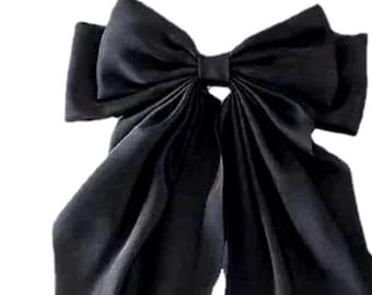 Promotion! Large black satin bow,long tail, Oversize, wedding.Black ribbon tassel barrette. Bohemian bow