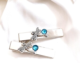 Set of 2 silver alligator hair clip with silver dragonfly and blue rhinestones, handmade, sparkly, silver side clip, minimalist, crocodile