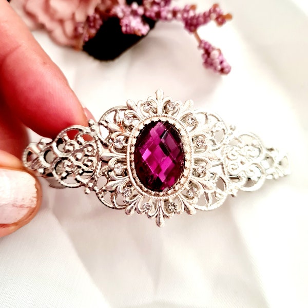 Silver plated small filigree barrette, ancient, handmade, cherry gemstone, Victorian style,  vintage inspired ,antique barrette clip