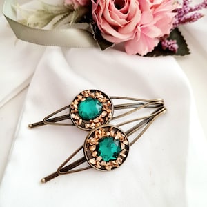 2 pieces antique bronze emerald crystal hair clips,Victorian, wedding, bridal, bridesmaid, ancient bronze,high quality, sparkle hair slide
