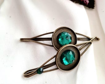 Antique Bronze Emerald Crystal Hair Clips, Victorian Style, Set of 2