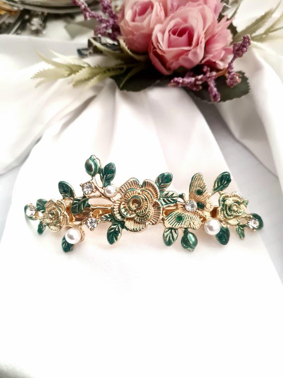 Vintage Inspired Floral Barrette, Rhinestones, Sparkly  display picture 3