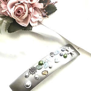 Large silver barrette with abalone shell,flowers, ball beaded,oversize, handmade, thick hair,Celtic