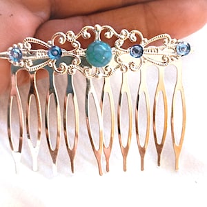 Silver plated hair comb with blue gemstones and turquoise stone, wedding, bridesmaid, handmade, bridal hair comb, silver hair comb